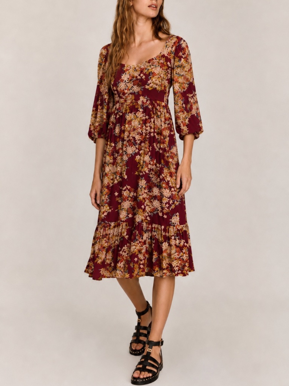 Skies Are Blue Burgundy Floral Smocked Boho Midi Dress XS